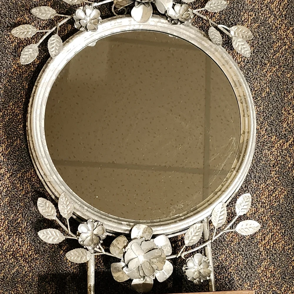 Decorative Silver Floral Round Mirror On Stand- Silver